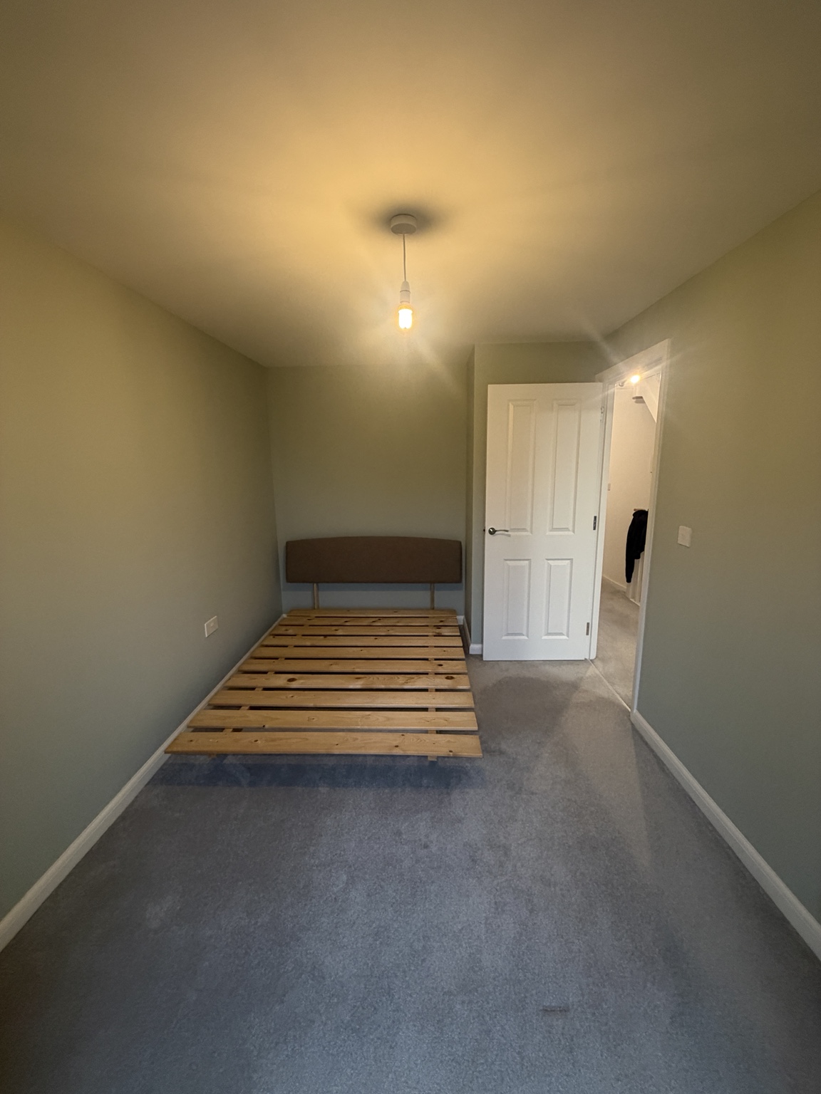 Sage bedroom with freshly painted walls and white door and skirting