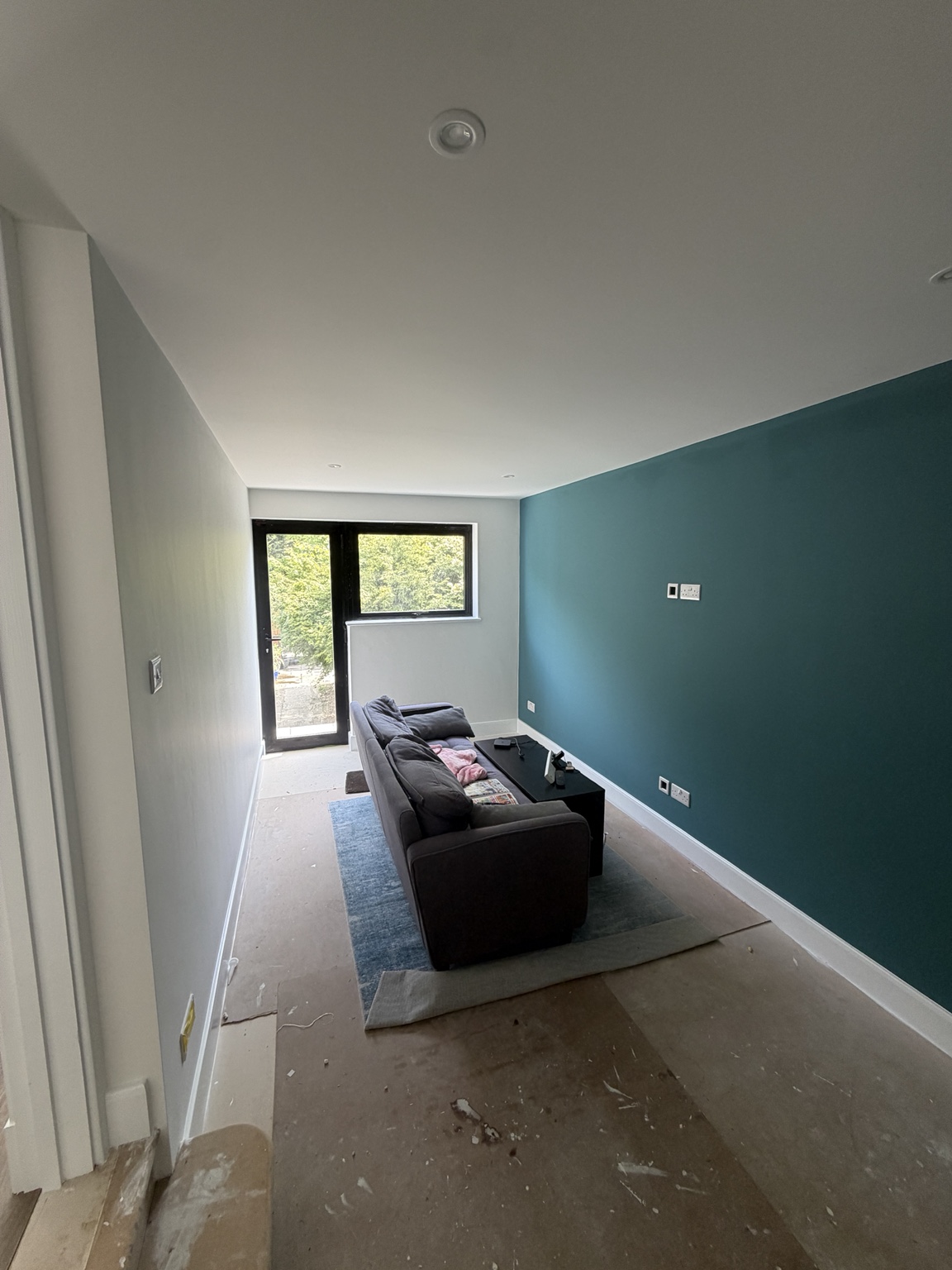 Teal feature wall with crisp white ceiling and woodwork